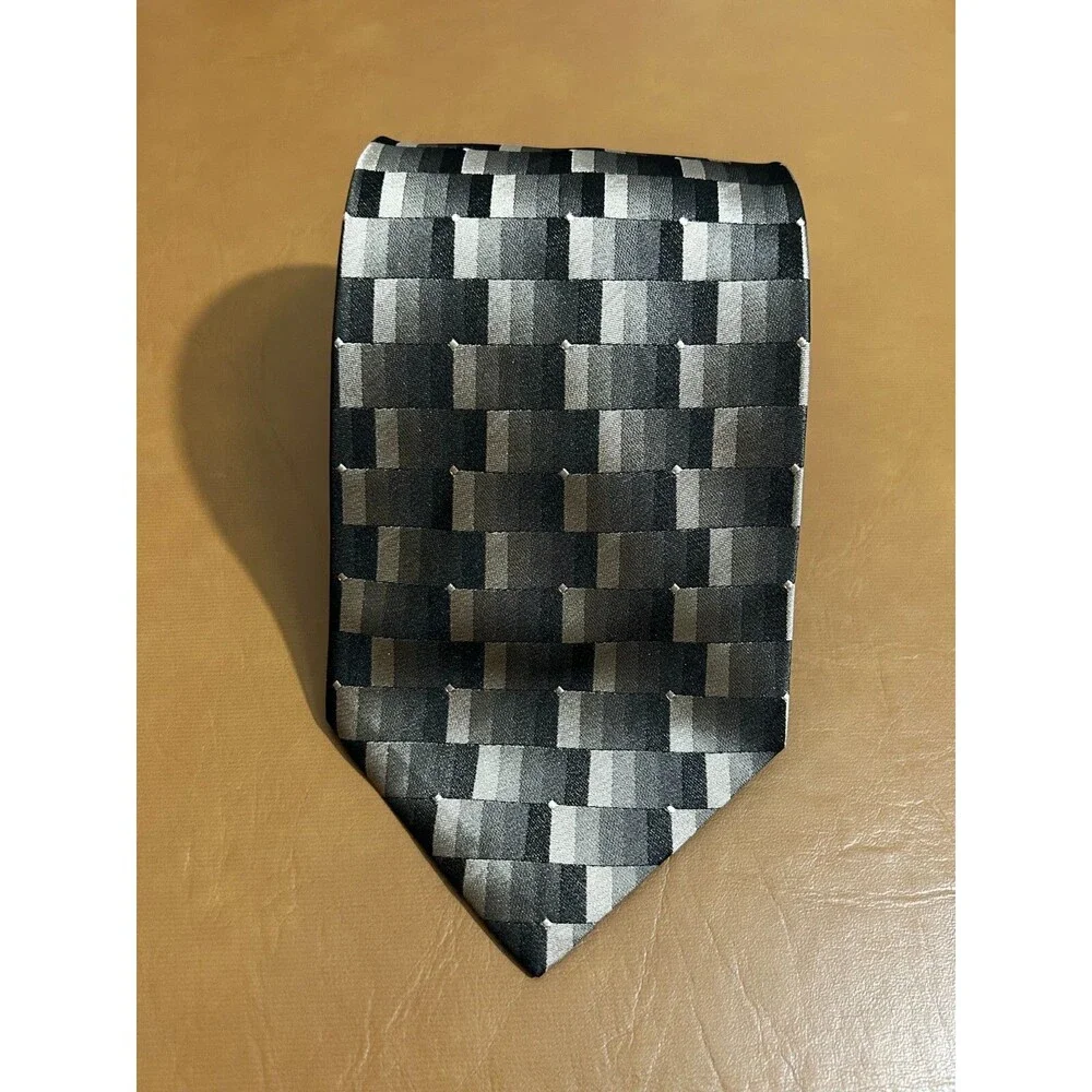 J. Ferrar 100% Silk Tie Gray‎ Black Geometric Block Pattern 58